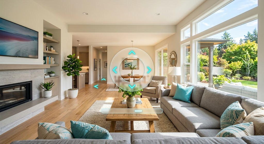 Modern living room with a 360 degree virtual tour interface overlay