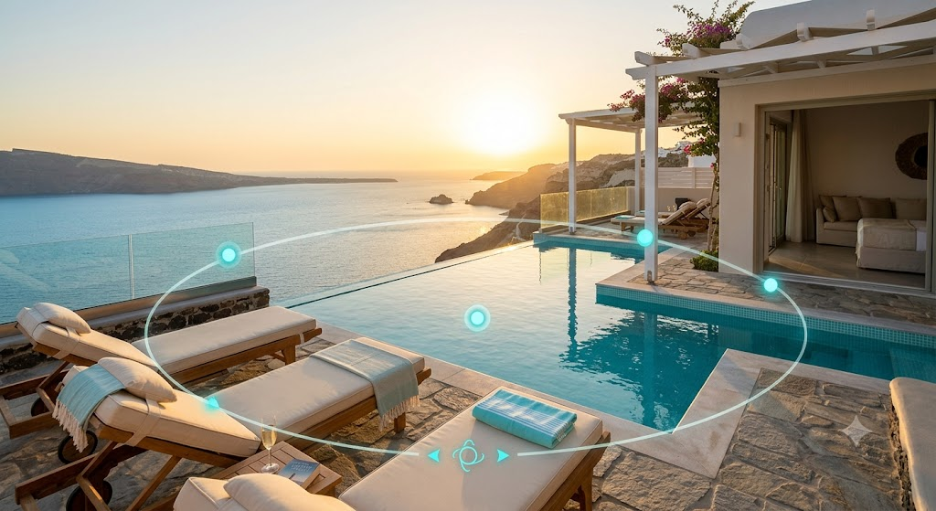 Luxury resort pool and suite at sunset with a 360 degree virtual tour interface overlay