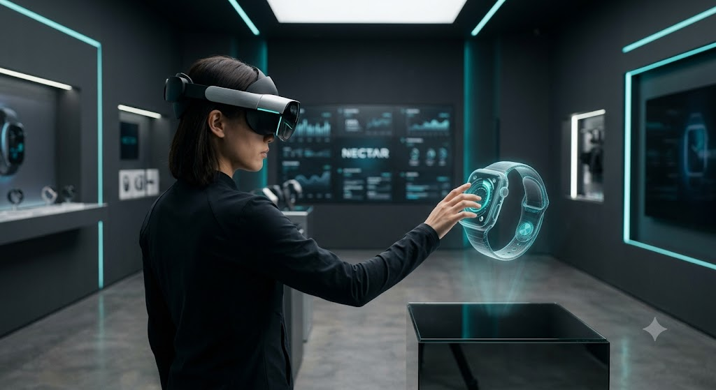 Person wearing a mixed reality headset interacting with a 3D product hologram in a retail space